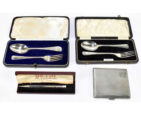 Two cased George V hallmarked silver christening spoons and forks, Birmingham 1932 and Sheffield 1935, a hallmarked silver ci
