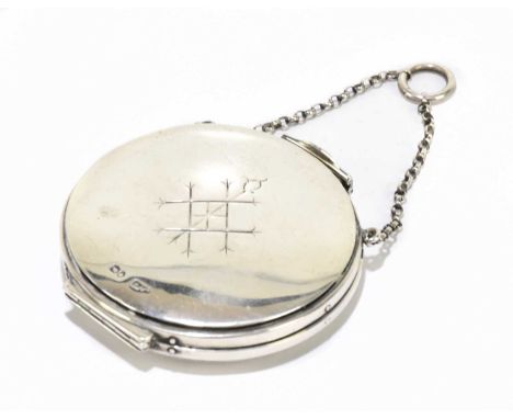 W.F. WILLIAMS; a late 19th century hallmarked silver circular purse with patent clasp and chain, London 1888, diameter 6cm.Li