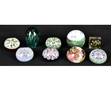 STRATHEARN; five Scottish glass paperweights, diameter 5.5cm, together with four further glass paperweights including an irid