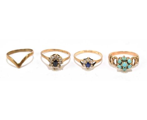 A 9ct yellow gold dress ring set with seven turquoise coloured stones, approx size N, together with two further 9ct gold dres