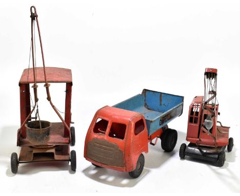 TRI-ANG; a large size tin plate model truck in red and blue livery, length 36cm, with a Tri-Ang crane and a Jones KL44 crane 