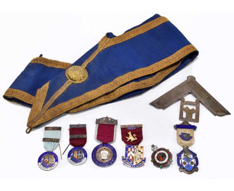 A small collection of assorted Masonic regalia to include a hallmarked silver and enamel steward medal dated 1930, two hallma