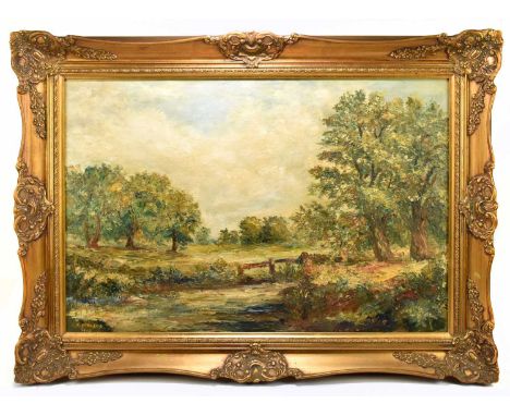 X H. MELLOR; oil on panel, landscape with trees, signed and dated 1968 lower left, 46 x 75cm, framed.Painted surfaces lightly