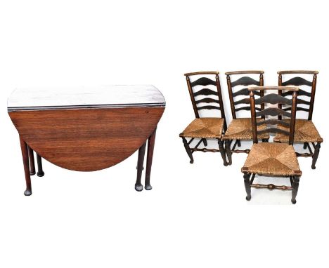 An 18th century oak drop-leaf table on turned column supports terminating on pad feet, width 102cm, together with a set of fo
