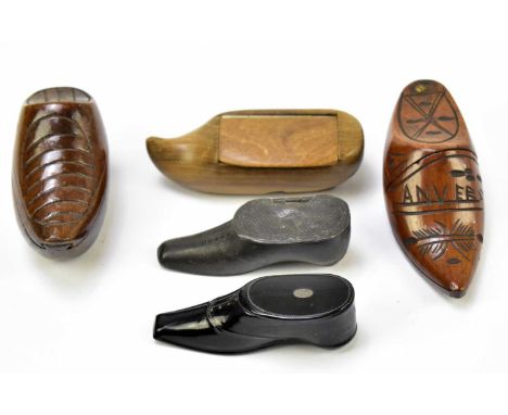 A 19th century novelty snuff box in the form of lady's shoe with pewter inlaid decoration, length 7.5cm, together with a simi