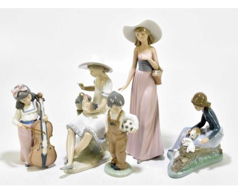 NAO; a collection of five figures to include a seated maiden holding a hen, height 23cm, a girl playing the double bass, etc 