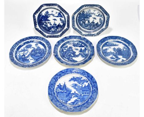 WORCESTER; two Pearlware octagonal blue and white plates decorated with Oriental figures in landscape, one bears crescent mar