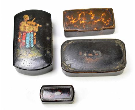 Four 19th century papier-mâché snuff boxes to include a Russian figure playing the violin, length 10cm, a small example with 