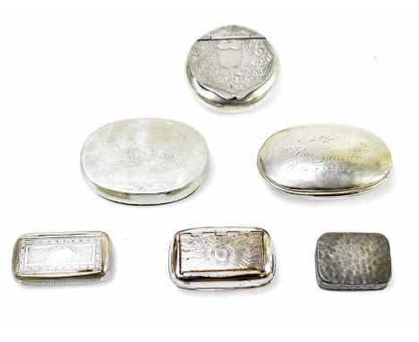 A collection of early 20th century and later pewter, silver plated and chrome snuff boxes, to include an oval example with ch