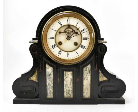 A late 19th century French eight day black slate mantel clock, with enamel Roman numeral chapter ring and movement striking o