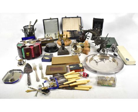 A small mixed lot of collectors' items including a vintage metal cash tin, a silver napkin ring box, an Ensign folding camera