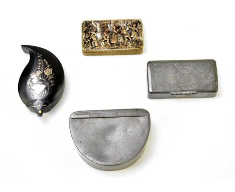 A 19th century pewter snuff box of curved form, width 7.5cm, together with a silver plated example with embossed figures danc