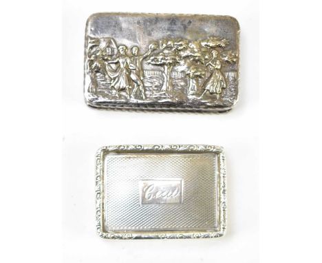 JOSEPH GLOSTER LTD; an Elizabeth II hallmarked silver snuff box of rectangular form, embossed with figures in landscape scene