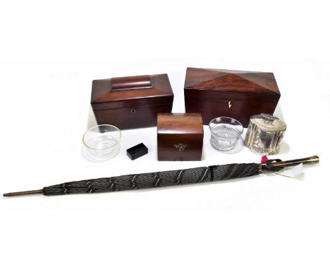 Three Victorian mahogany tea caddies, together with a silver plated tea caddy and a umbrella with hallmarked silver ferrule, 
