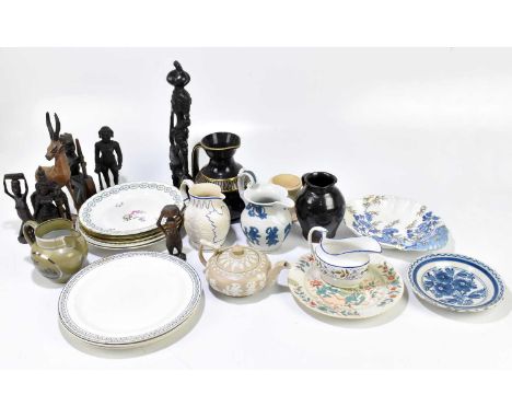 A collection of 19th century and later porcelain and ceramics to include a silver jug printed with a decoration of a stately 