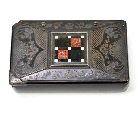 A 19th century papier-mâché snuff box of rectangular form, with applied white metal floral decoration surrounding the centre,