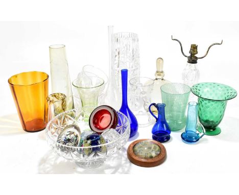 An assortment of early 20th century and later glassware including Murano glass paperweight, cut glass mushroom lamp (lacking 