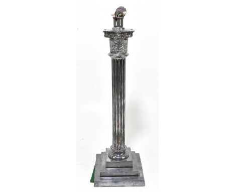 A circa 1900 silver plated Corinthian column table lamp, with fluted column above a stepped square section base, height 49cm.