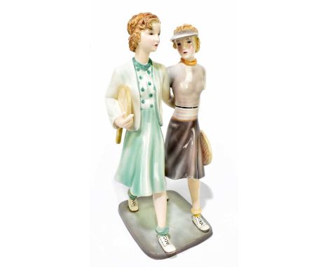 STEFAN DAKON FOR GOLDSCHEIDER; a rare Art Deco ceramic figure group representing two female tennis players, impressed marks a