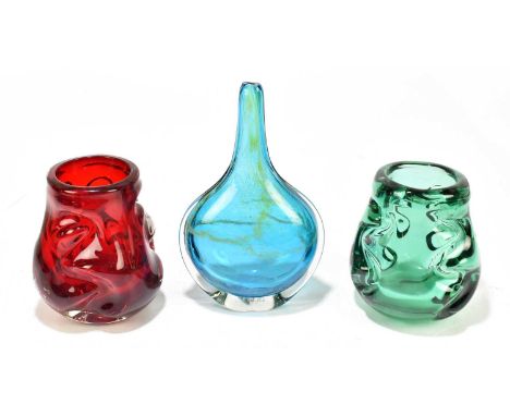 GEOFFREY BAXTER FOR WHITE FRIARS; a ruby knobbly vase, height 15cm, together with a similar aqua example and a Mdina fish vas