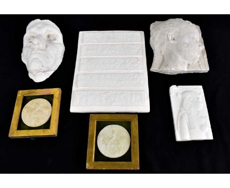 A modern plaster panel embossed with five rectangular panels depicting Grecian figures and animals, together with a further p