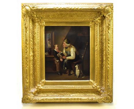 19TH CENTURY CONTINENTAL SCHOOL; oil on panel, boy beside his father with dog at his feet, unsigned, 24.5 x 20cm, in ornate g