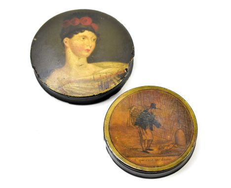 A 19th century hand painted snuff box of circular form, decorated with a portrait of a maiden wearing roses in her hair, diam