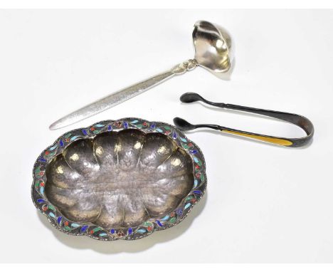 GEORG JENSEN; a sterling silver sauce ladle in the Cactus pattern, length 15cm, together with a pair of 930 grade silver and 