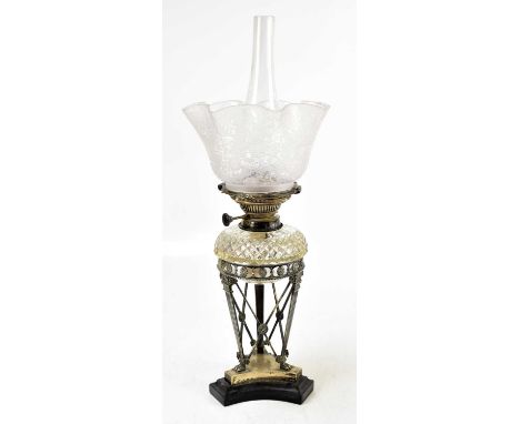 M &amp; S; an Edward VII hallmarked silver oil lamp, the frosted glass shade with lace work style decoration above the cut gl