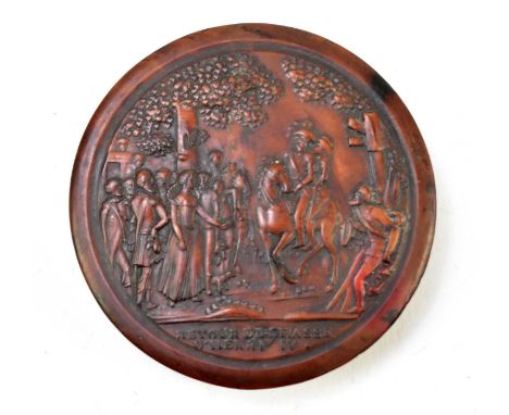 A 19th century French burr wood snuff box of circular form embossed with figures on horseback, inscribed 'Ratour de chasse d'