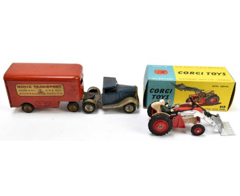 CORGI; a boxed number 57 Massey Ferguson 65 tractor with fork and driver, together with a Tri-Ang Minic Transporter.