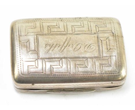 JOHN THORNTON (PROBABLY); a George III hallmarked silver snuff box of curved rectangular form, with chased and geometric deco