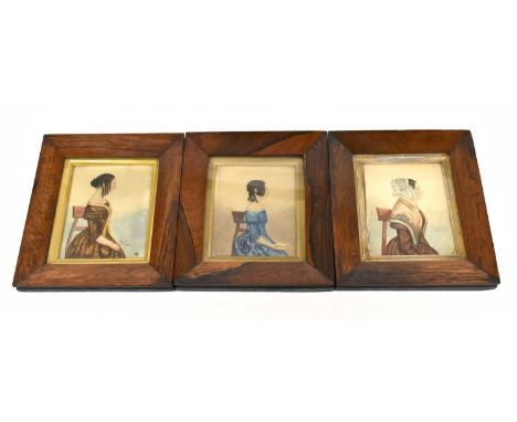 ENGLISH SCHOOL 19TH CENTURY; a set of three naïve watercolours, portrait of maidens, unsigned, 12.5 x 10cm, in rosewood frame