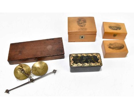 Three late 19th century Mauchlineware boxes, the largest inscribed 'Made of wood grown in Chillingham Park, famous for its br