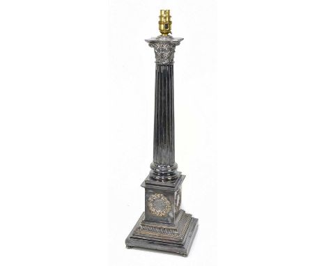 A large late 19th century silver plated Corinthian column table lamp, with fluted central column above stepped base with pres
