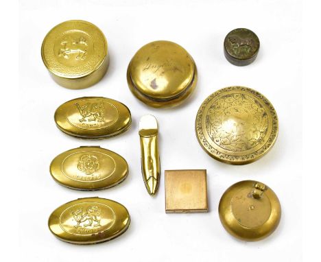 A collection of seven brass and base metal snuff boxes to include an oval example embossed with the Tudor Rose, inscribed 'En