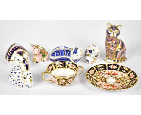 ROYAL CROWN DERBY; six animal form paperweights including Pickworth Piglet, field mouse, hedgehog, also a twin handled soup b