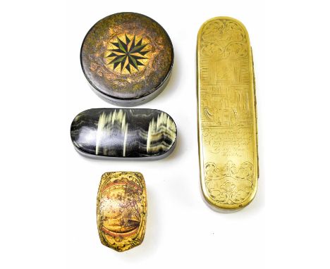 A 19th century brass snuff box of oval form with chased decoration of figures and inscribed 'Verlaat', length 16cm, together 