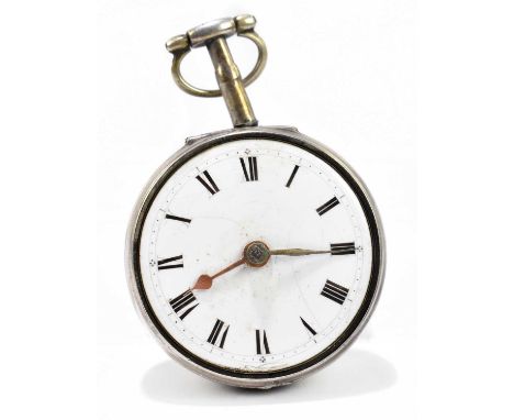 A George III hallmarked silver open faced key wind pocket watch with Roman numerals to the white enamel dial and fusee moveme