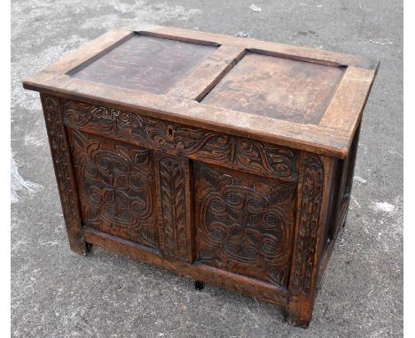 A small 19th century oak coffer, the hinged lid above a carved two panel front, width 79cm, height 57cm.