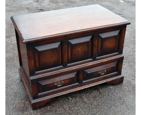 A small reproduction oak coffer, the hinged lid above a three panel front and two base drawers, width 69cm.