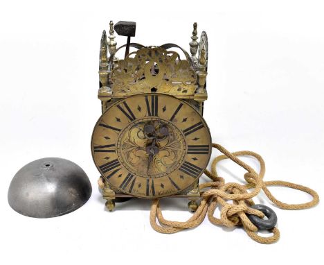 ROBERT EVANS, HALSTEAD; a brass lantern clock, the applied chapter ring bearing Roman numerals, height 25cm.There are no weig