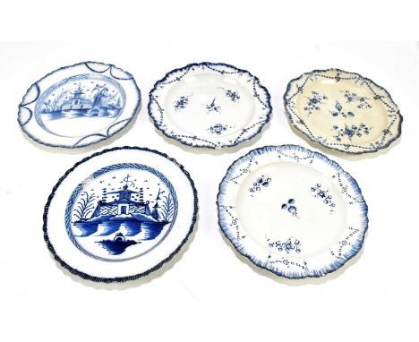 Five 18th century feather edged Creamware plates to include an example of an Oriental figure with parasol beside building in 