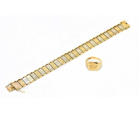 A 9ct yellow and white gold bar link bracelet, length 19cm, approx weight 17.8g, together with a 9ct gold gentleman's signet 