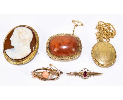  An early 20th century 9ct yellow gold bar brooch set with a ruby coloured stone together with a yellow metal brooch set with