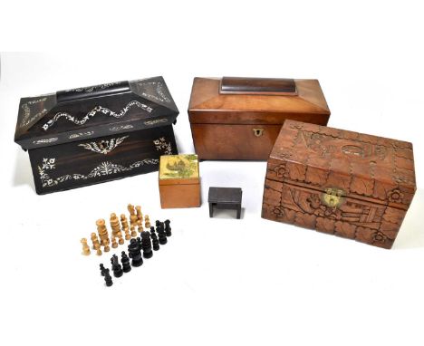 A 19th century rosewood and mother of pearl inlaid sarcophagus form tea caddy for restoration, width 33.5cm, a smaller mahoga