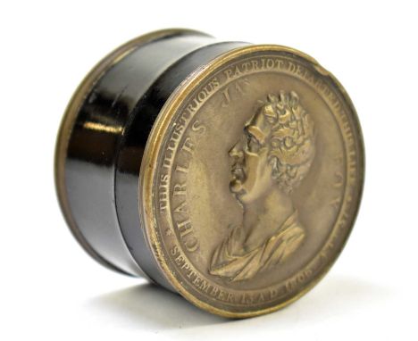 A 19th century silver plated and black lacquered snuff box produced to commemorate Charles James Fox, inscribed 'This illustr