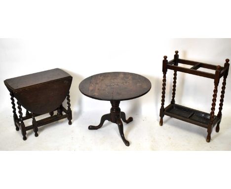 An oak barleytwist stick stand and two barleytwist occasional tables (3).