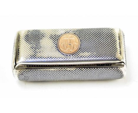 A Continental white metal niello snuff box of rectangular form with gilt cartouche with engraved intials 'CP', width 8cm, app