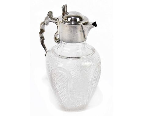 An early 20th century cut glass and silver plated claret jug, height 23cm.Light tarnishing and wear to the mount, the odd min
